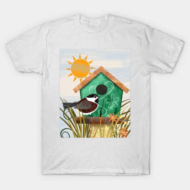 Chestnut-backed Chickadee on Green Bird House T-Shirt by DragonpupLees